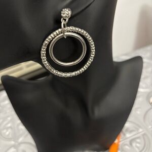 Silver Tone Textured Double Circle Drop Earrings